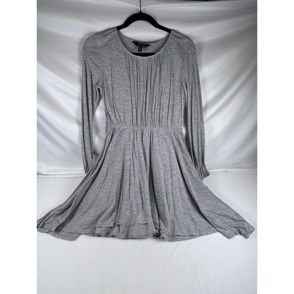 Polo Ralph Lauren Dress Girls L Heather Gray White Polka-dot Jersey Fit Flare